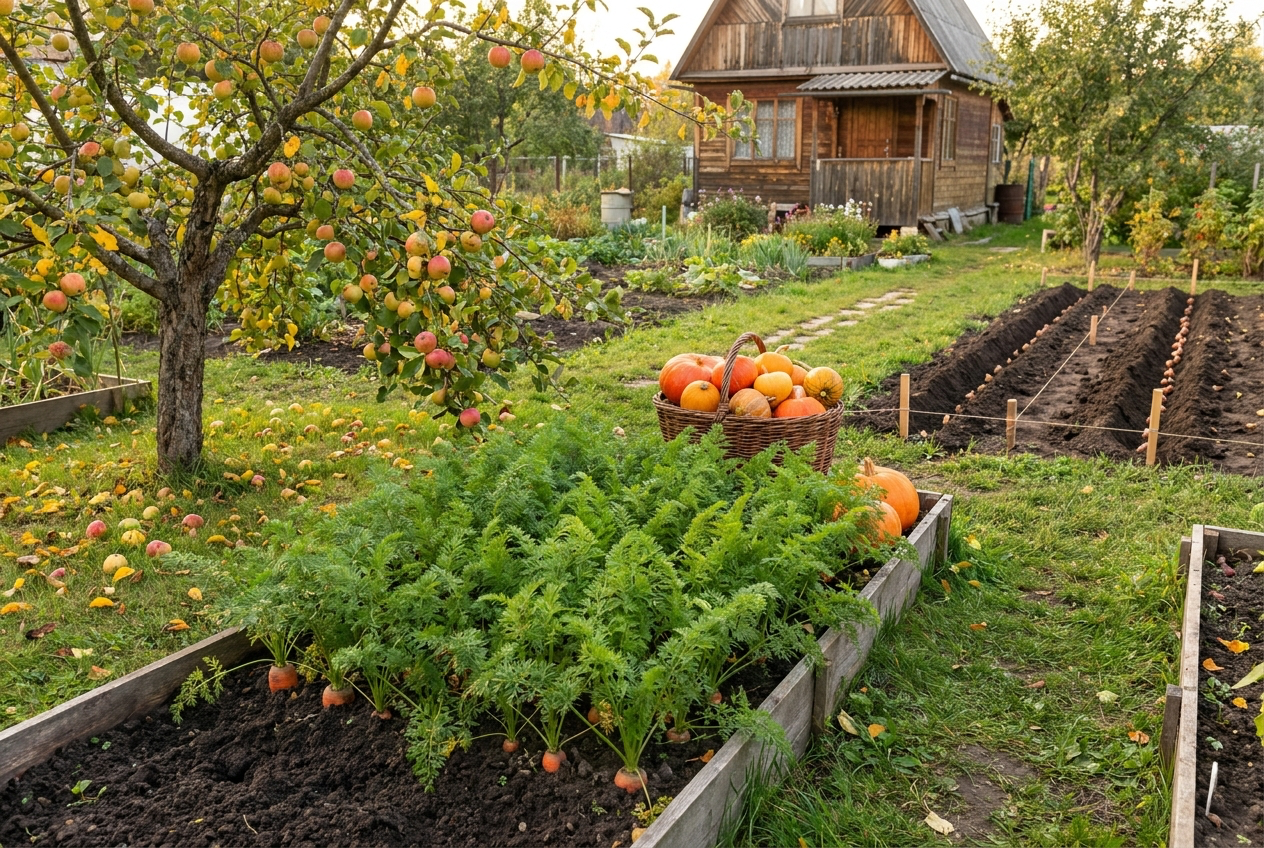 План работ на даче в сентябре: яблони с плодами, грядка моркови, корзина тыкв, ряд тюльпановых грядок
