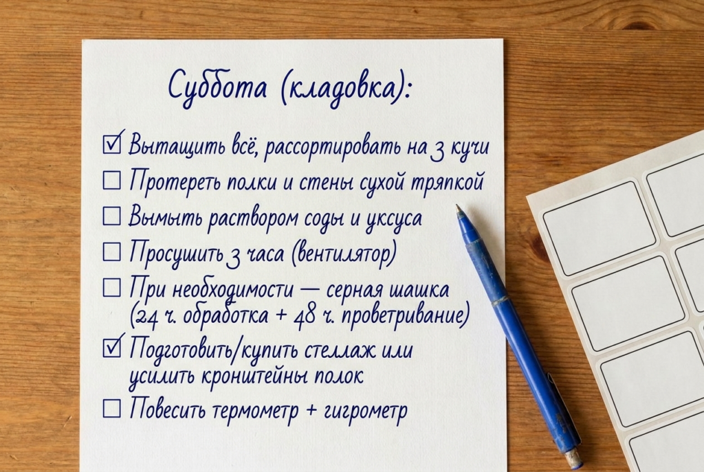 Чек-лист на листе бумаги с пометками, рядом ручка и распечатанные пустые этикетки.