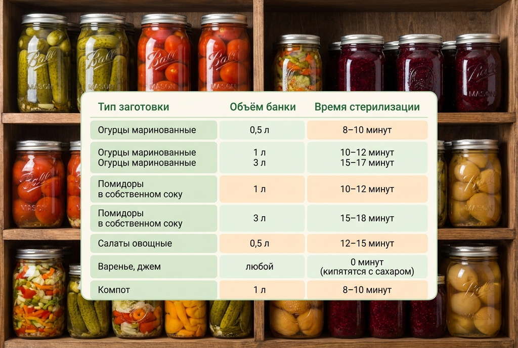 Таблица с временем стерилизации банок для домашней консервации. 100ПОЛЕЗНО
