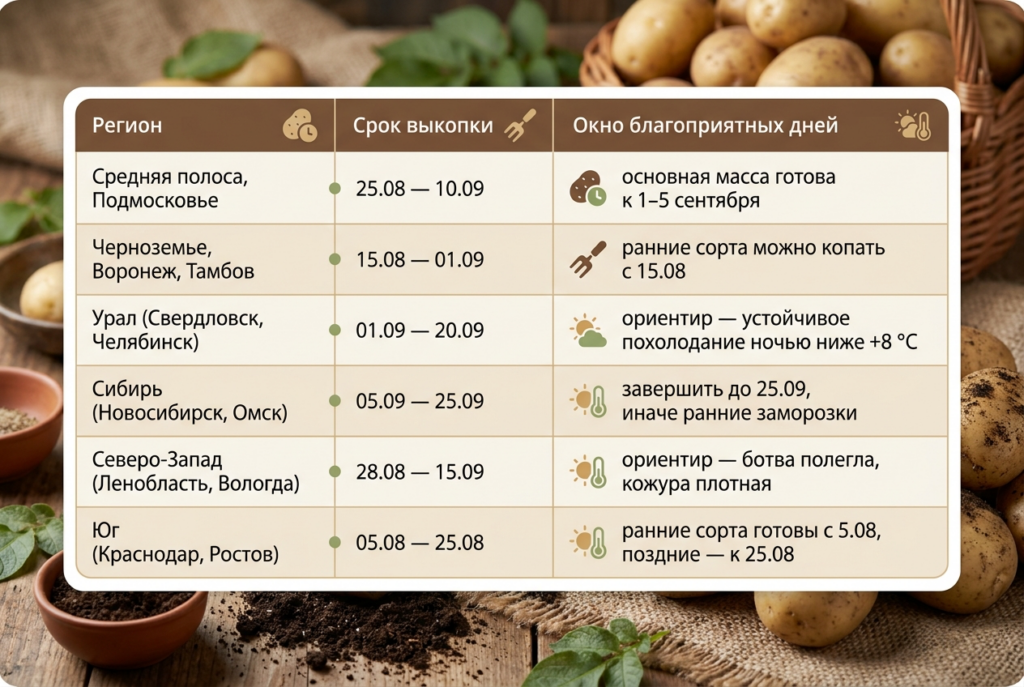 Таблица со сроками выкопки по регионам в 2026 году от 100ПОЛЕЗНО