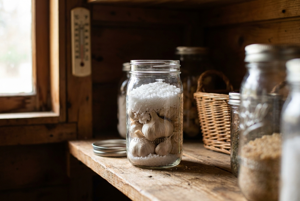хранение чеснока: головки чеснока в стеклянной банке с солью на полке домашней кладовки
