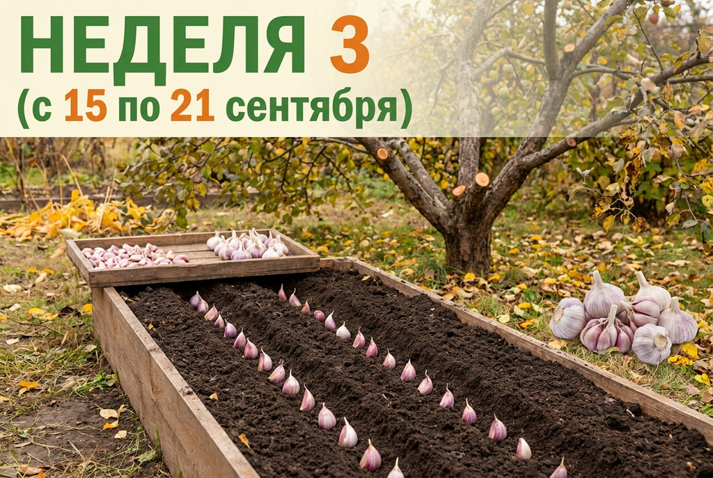 Неделя 3 (15–21 сентября) — посадка озимого чеснока, обрезка и побелка