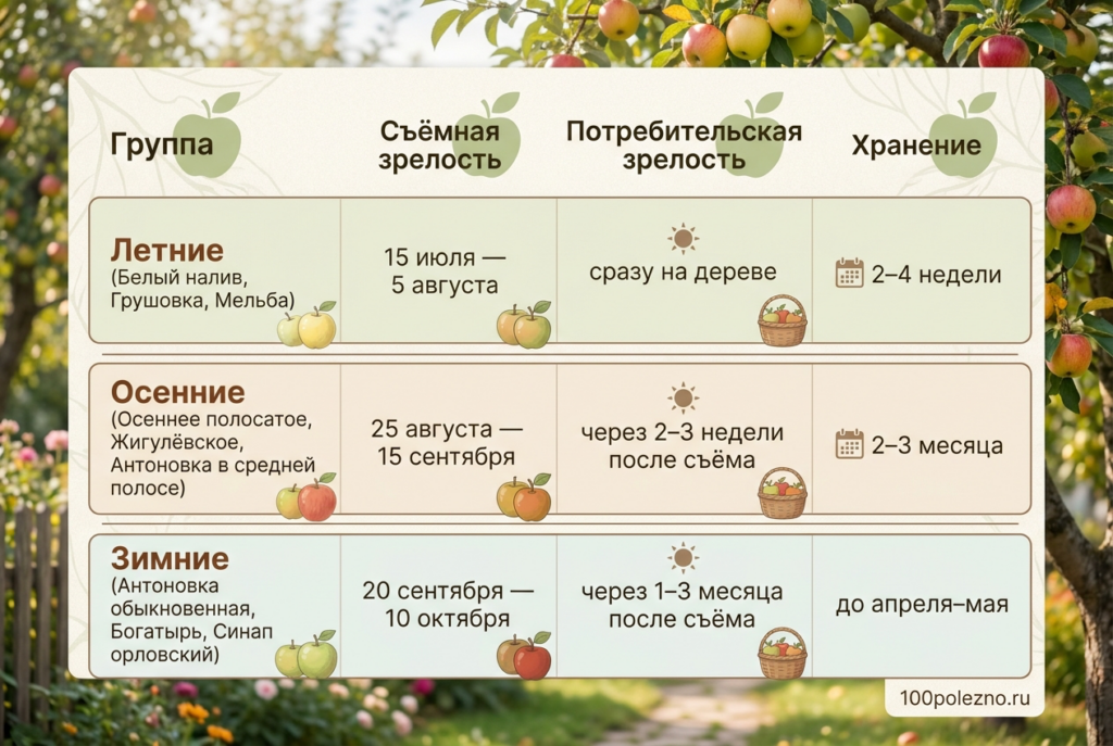 Таблица сроков зрелости яблок по группам сортов: летние, осенние, зимние от 100ПОЛЕЗНО