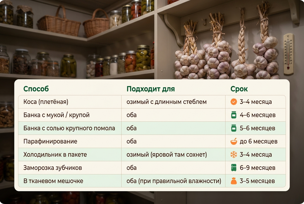 Таблица со сравнением способов хранения озимого и ярового чеснока от 100ПОЛЕЗНО