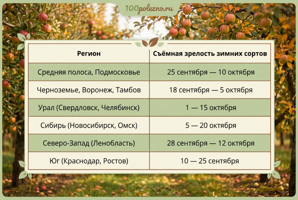 Таблица сроков уборки яблок по регионам в 2026 году от 100ПОЛЕЗНО