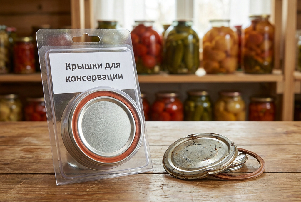 Новые крышки для заготовок в упаковке рядом со старой деформированной крышкой, на заднем плане банки с заготовками в расфокусе