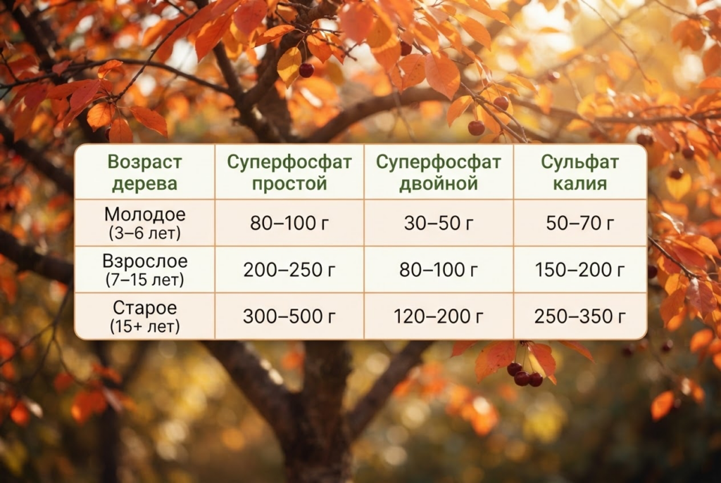 Таблица 2 расчета дозировки суперфосфата или сульфата калия для деревьев — по возрасту и площади проекции кроны. 100ПОЛЕЗНО