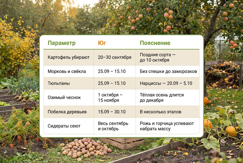 Юг (Краснодарский край, Крым, Ростовская область, Ставрополье): таблица точных сроков для работ на огороде в сентябре по регионам. 100ПОЛЕЗНО