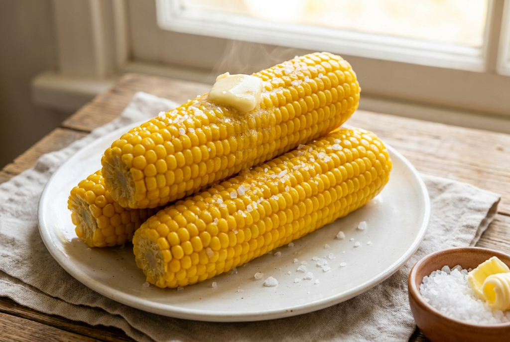 Варёная кукуруза молочной спелости на тарелке со сливочным маслом и щепоткой крупной соли
