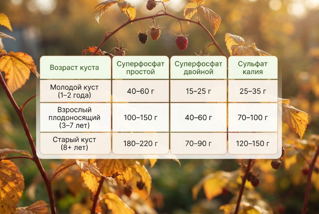 Таблица расчета дозировки суперфосфата или сульфата калия для кустарников. 100ПОЛЕЗНО