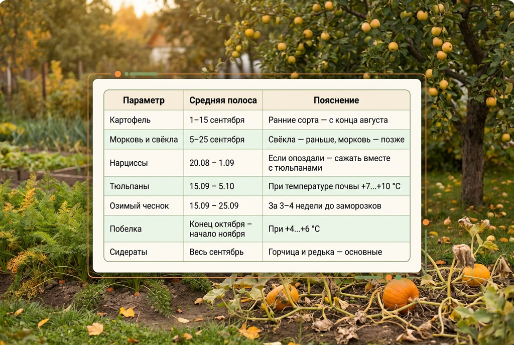 Средняя полоса (Москва, Подмосковье, Поволжье, Черноземье, северо-запад): таблица точных сроков для работ на огороде в сентябре по регионам. 100ПОЛЕЗНО