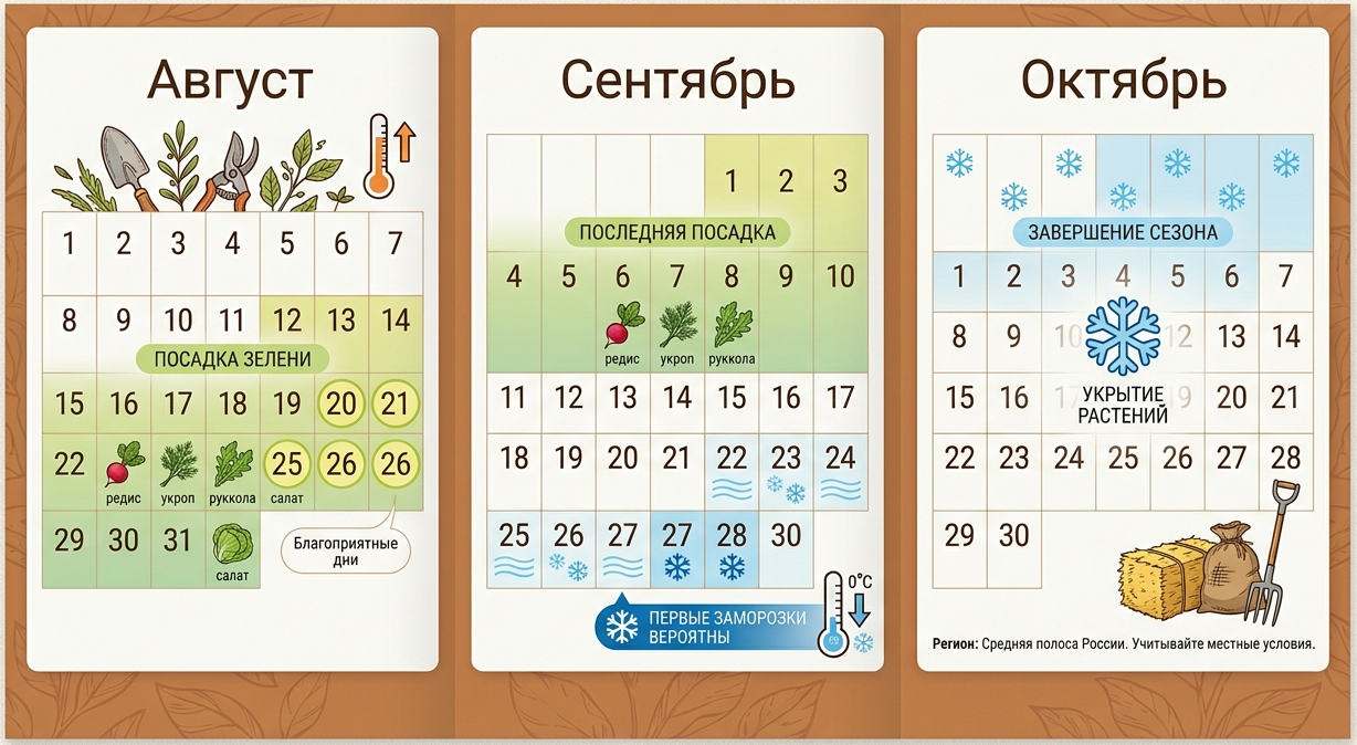 Календарь августа–октября для средней полосы с отмеченными границами посева и первыми заморозками.