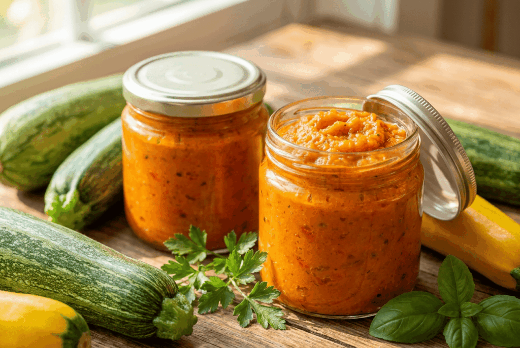 Банки кабачковой икры по ГОСТу рядом со свежими кабачками и зеленью на деревянном столе