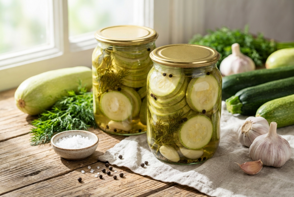 Маринованные кабачки кружочками в стеклянной банке, рядом зонтики укропа, головки чеснока и перец горошком