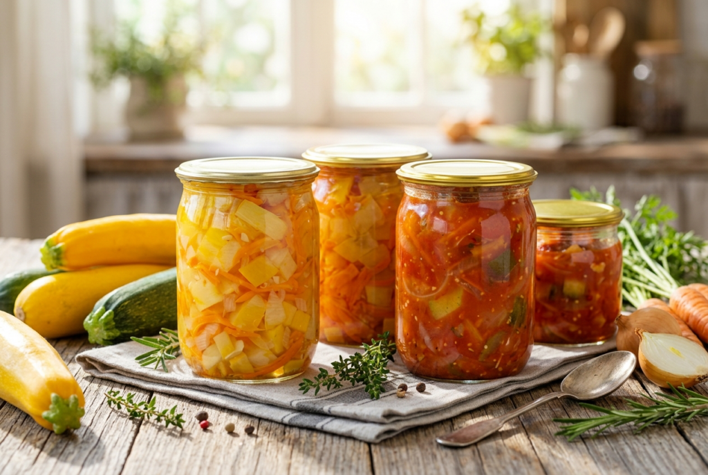 Салат из кабачков с морковью и луком в стеклянной банке на льняной салфетке