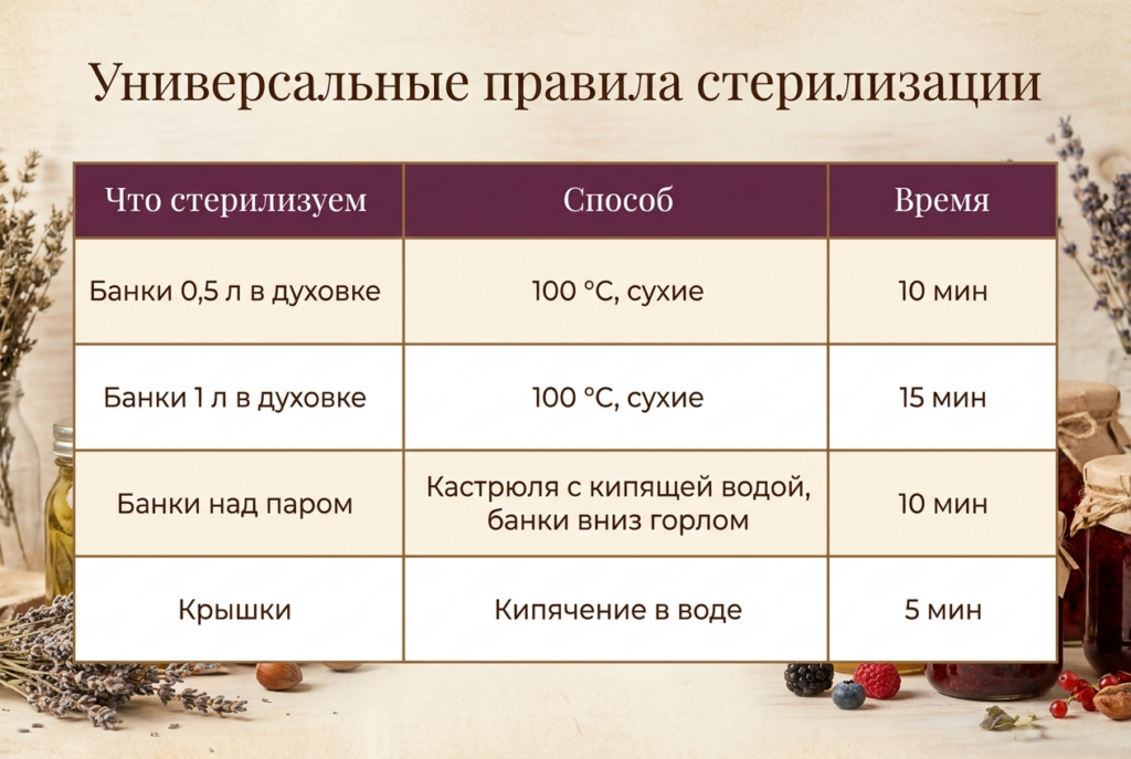 Таблица с универсальными правилами для стерилизации банок для заготовок.