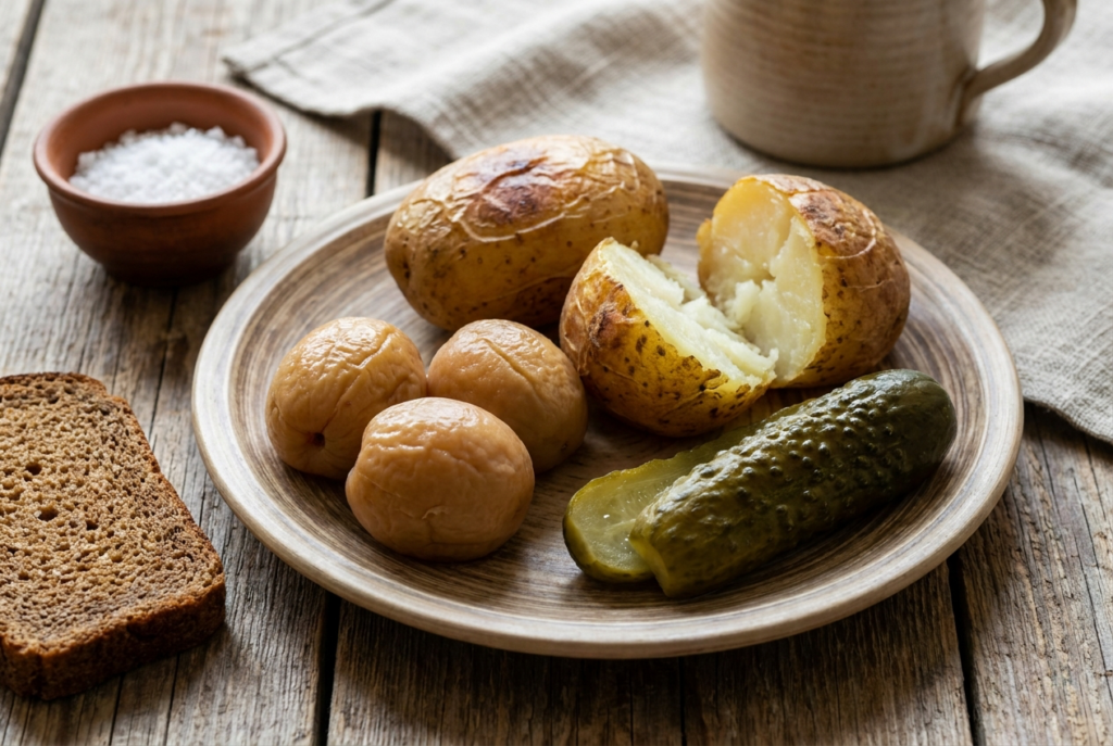 Тарелка с мочёными сливами рядом с печёной картошкой и солёным огурцом.