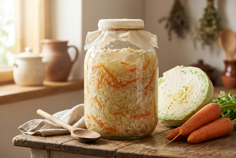 Квашеная капуста в стеклянной банке на кухонном столе рядом с капустой и морковью.