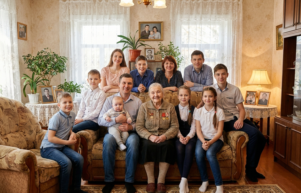 Большая семья в светлой традиционно русской гостиной, сидят на диване, в центре - старенькая бабушка, ветеран ВОВ, также в семье несколько детей, все улыбаются в камеру.