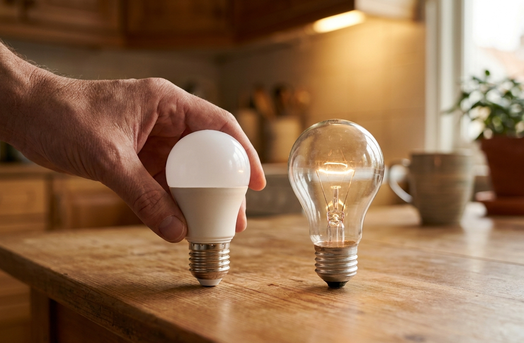 Замена лампы накаливания на светодиодную: LED потребляет на 80 процентов меньше электроэнергии при том же свете.