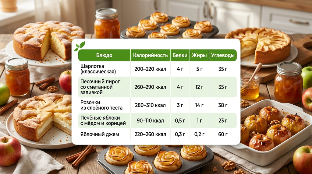 Калорийность и пищевая ценность шарлотки, песочного пирога с яблоками, розочек со слоёным тестом, печёных яблок, яблочного джема (на 100 г готового блюда). 100ПОЛЕЗНО