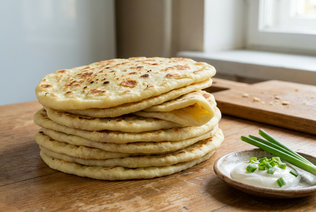 Стопка мягких картофельных лепёшек с румяными пятнышками
