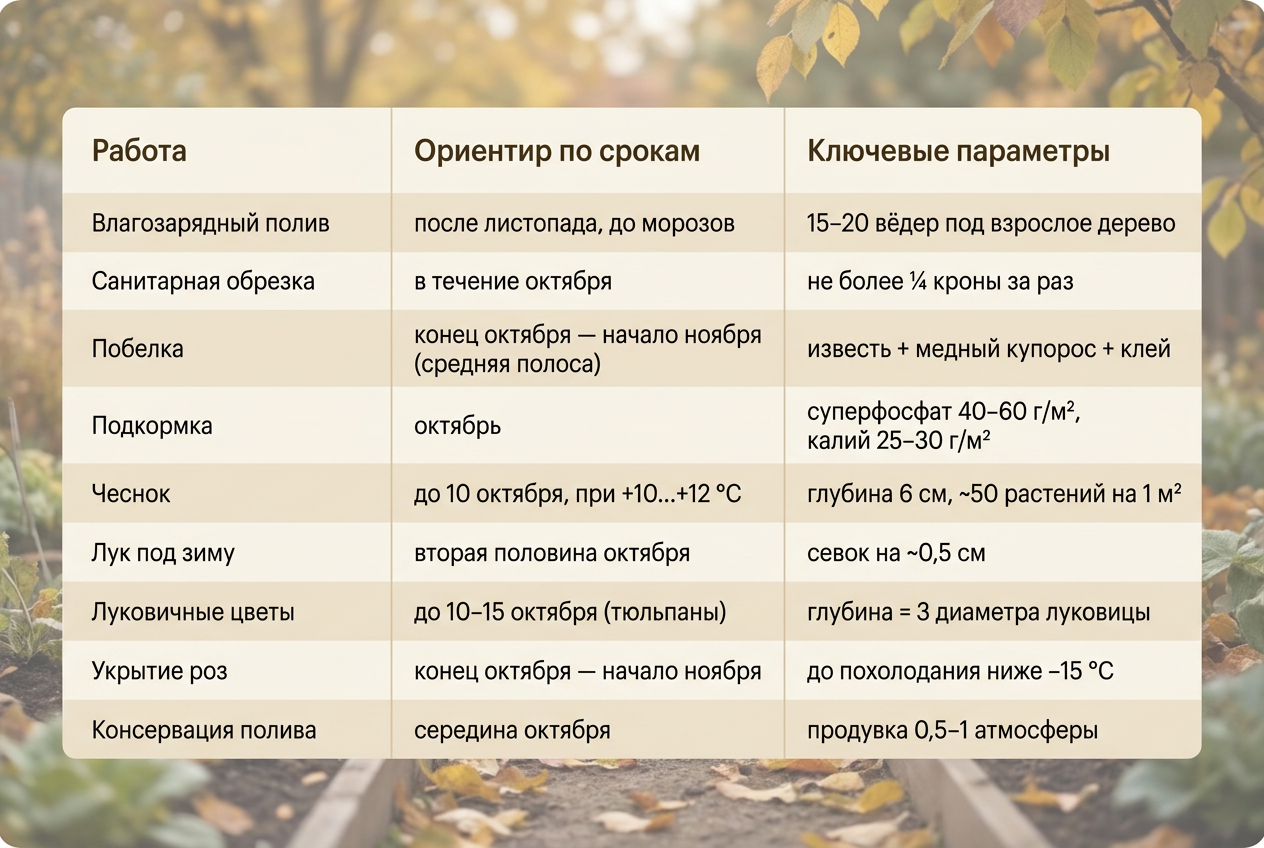 Таблица октябрьских работ на даче: сроки, параметры полива, обрезки, побелки, посева и укрытия