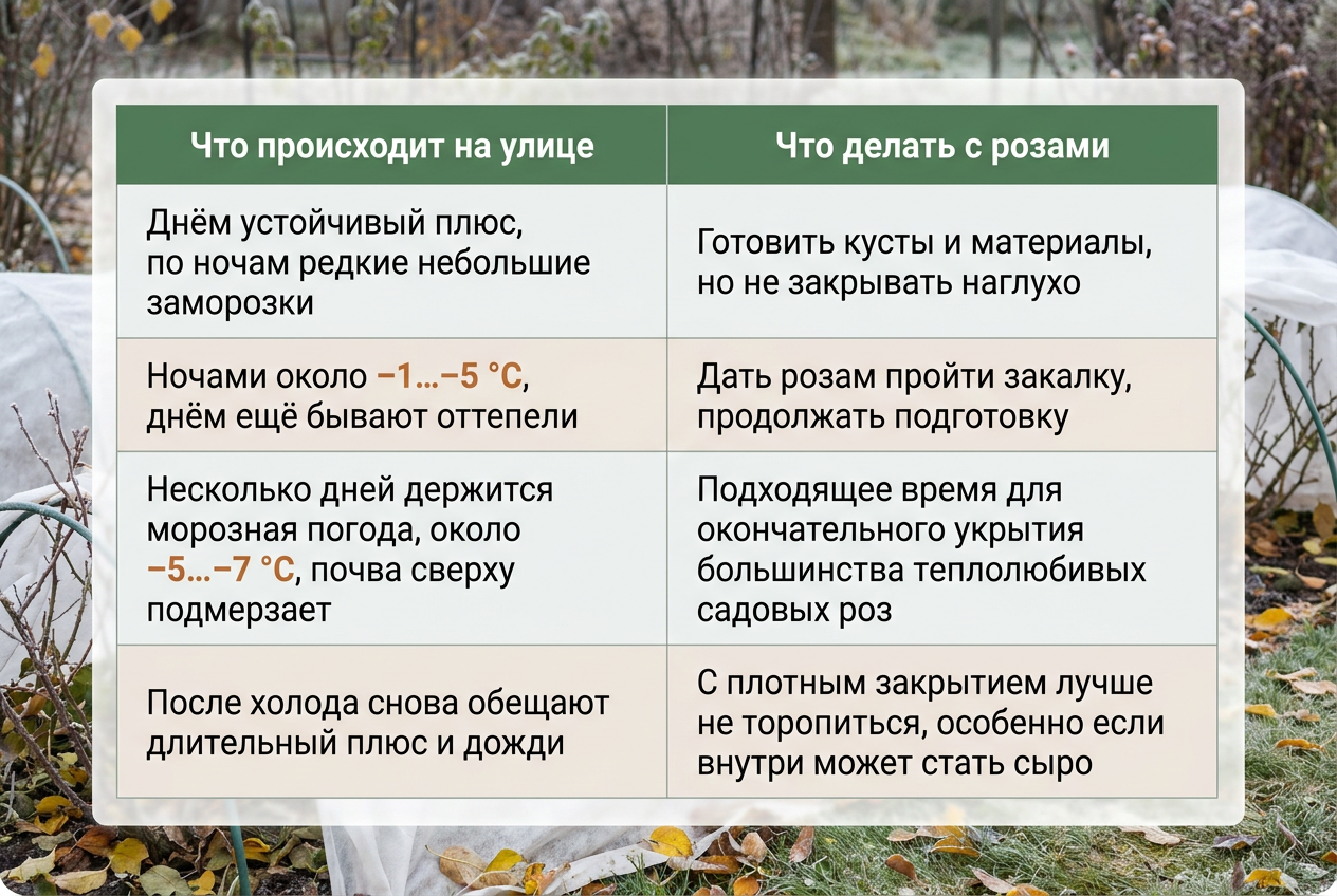 Таблица с погодными ориентирами для осеннего укрытия роз