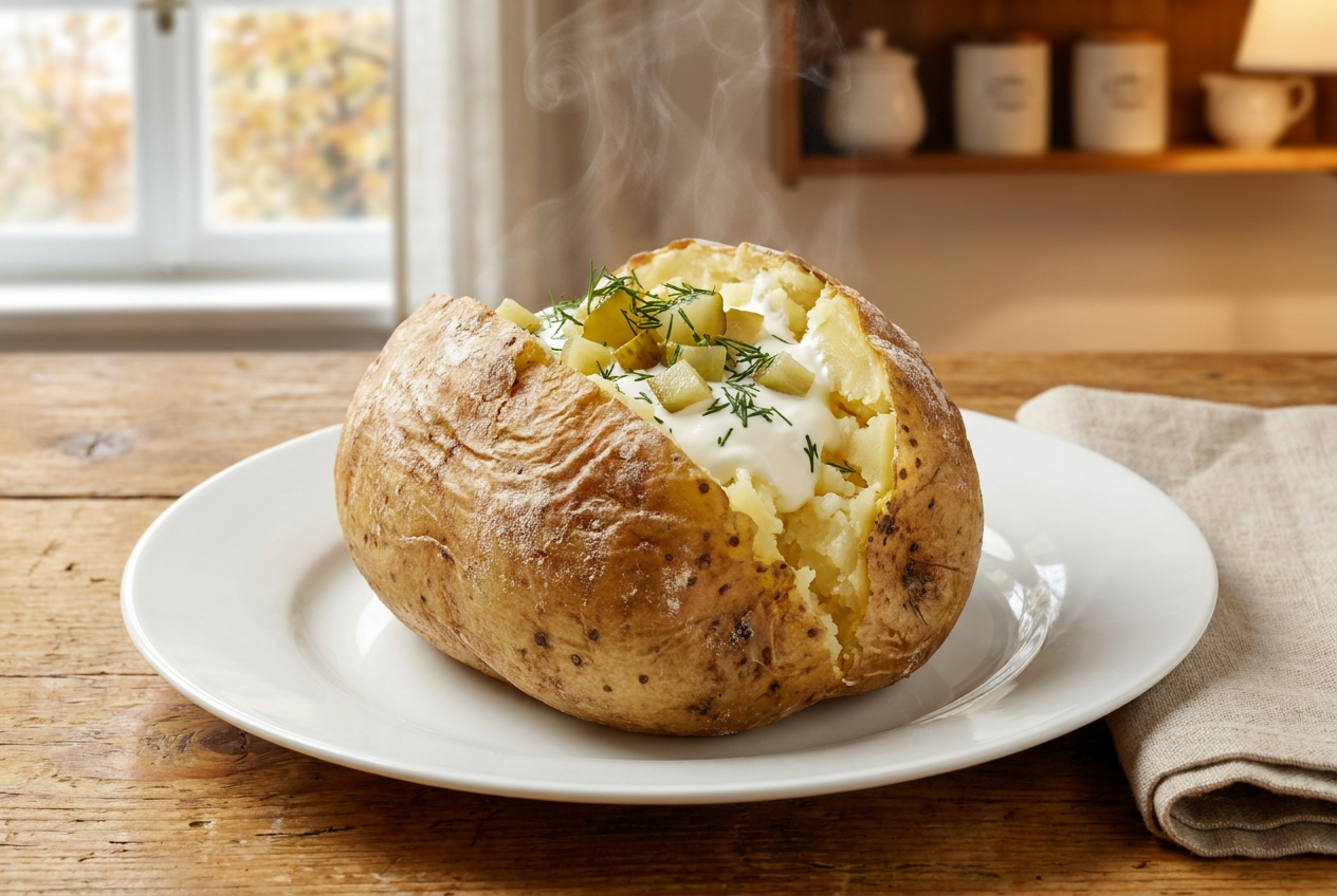Печёная картошка со сметаной, огурцом и зеленью