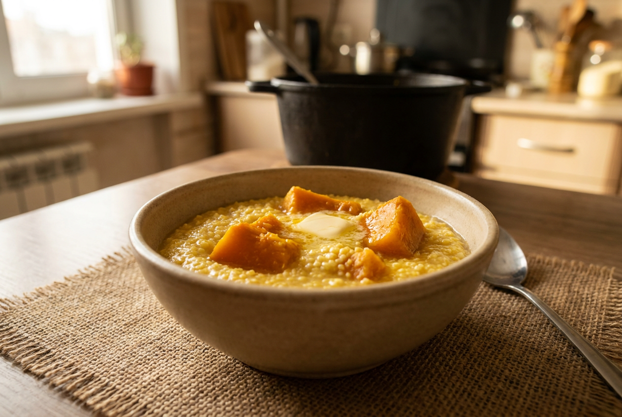 Пшённая каша с тыквой в керамической миске с кусочком сливочного масла