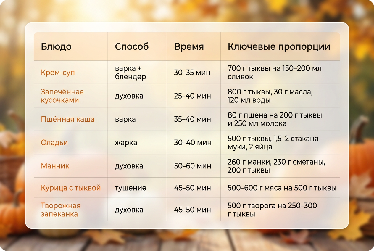 Таблица блюд из тыквы: способ, время и ключевые пропорции для семи рецептов