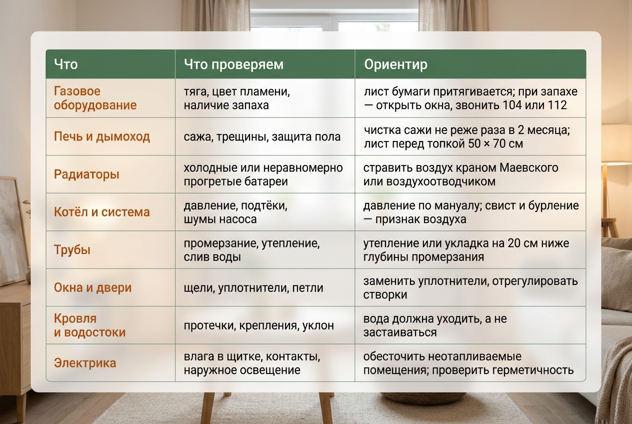Сравнительная таблица проверок дома перед холодами с ориентирами