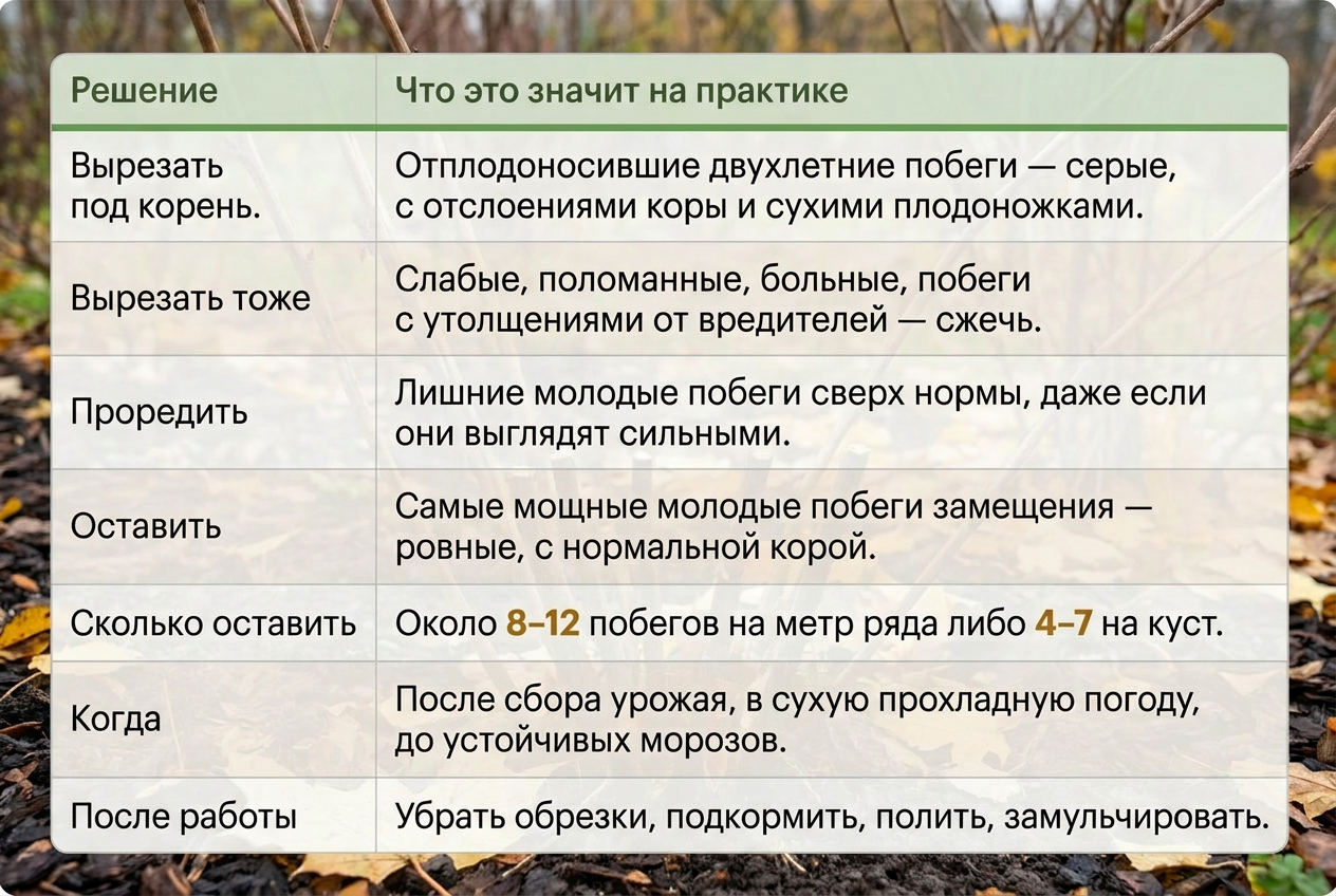 Таблица по обрезке малины осенью: что вырезать, что оставить, когда и что делать после