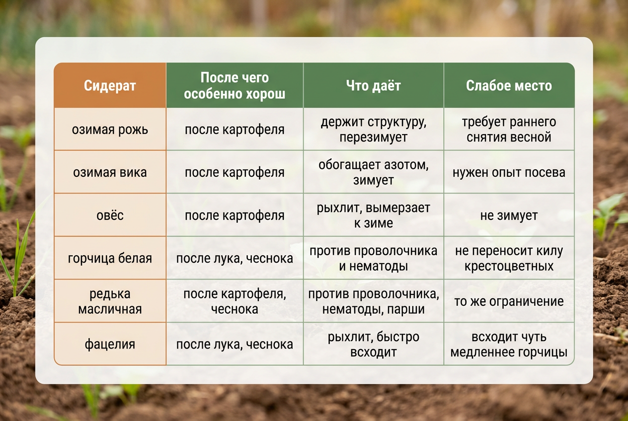 Сравнительная таблица сидератов после картофеля, лука и чеснока
