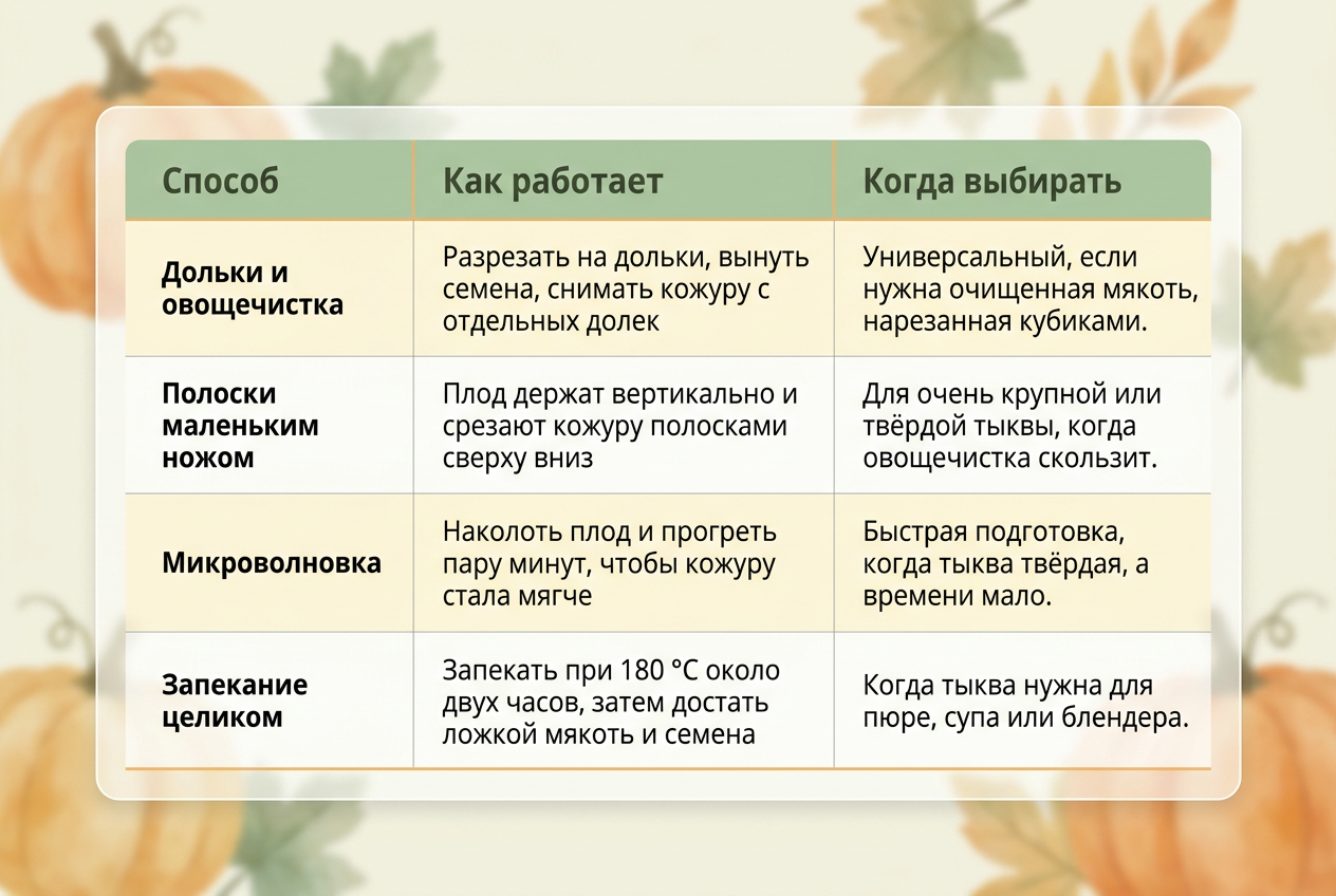 Таблица способов очистки тыквы: дольки и овощечистка, полоски ножом, микроволновка, запекание целиком