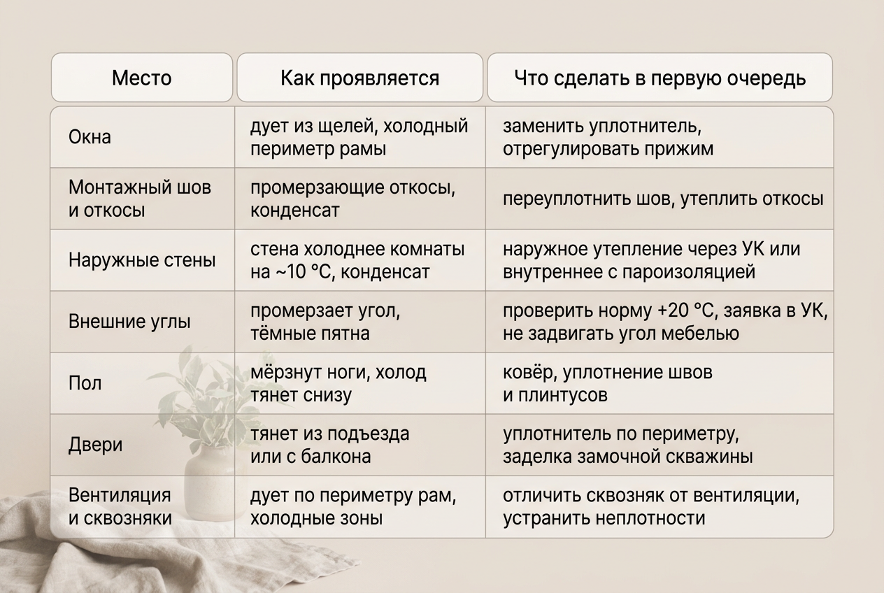 Таблица семи мест теплопотерь в квартире с первыми действиями