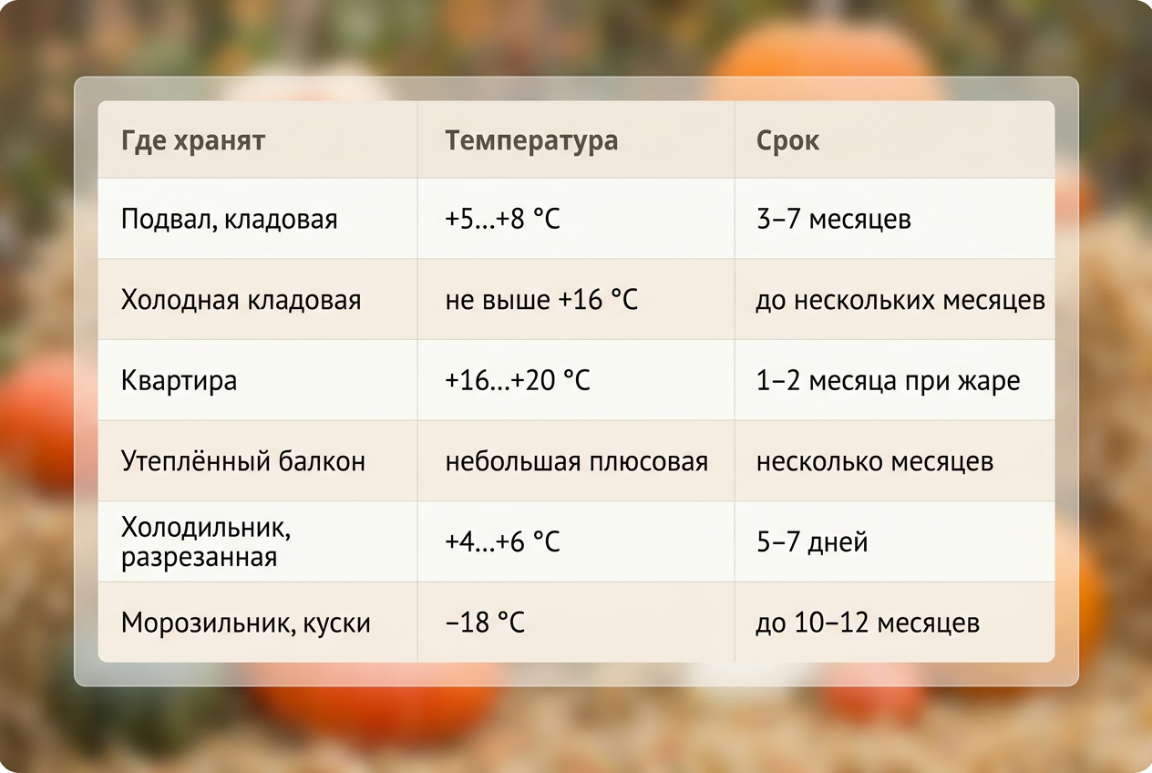Таблица условий и сроков хранения тыквы в подвале, квартире, на балконе и в морозилке