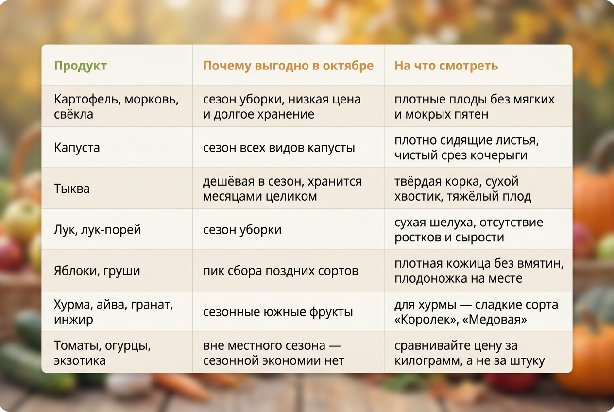 Таблица выгодных покупок октября: что брать по сезону и на что смотреть при выборе