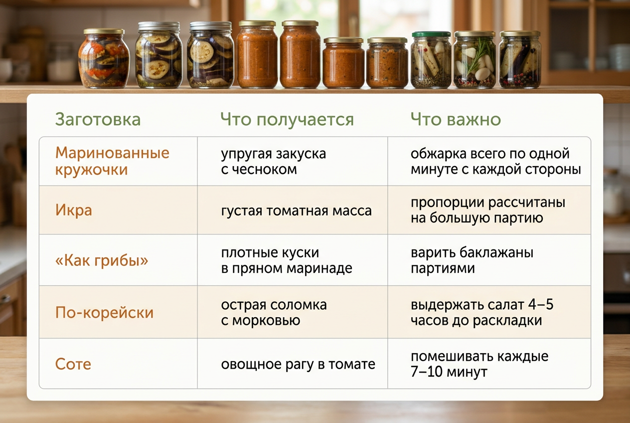 Сравнительная таблица пяти заготовок из баклажанов с их особенностями