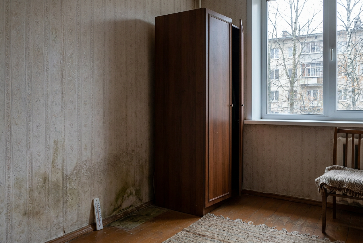 Угол комнаты с промерзающей стеной и отодвинутым от неё шкафом