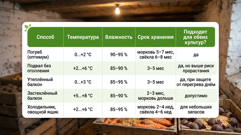 Хранение моркови и свёклы в погребе, на балконе и в холодильнике, условия и температура. Таблица от 100ПОЛЕЗНО.