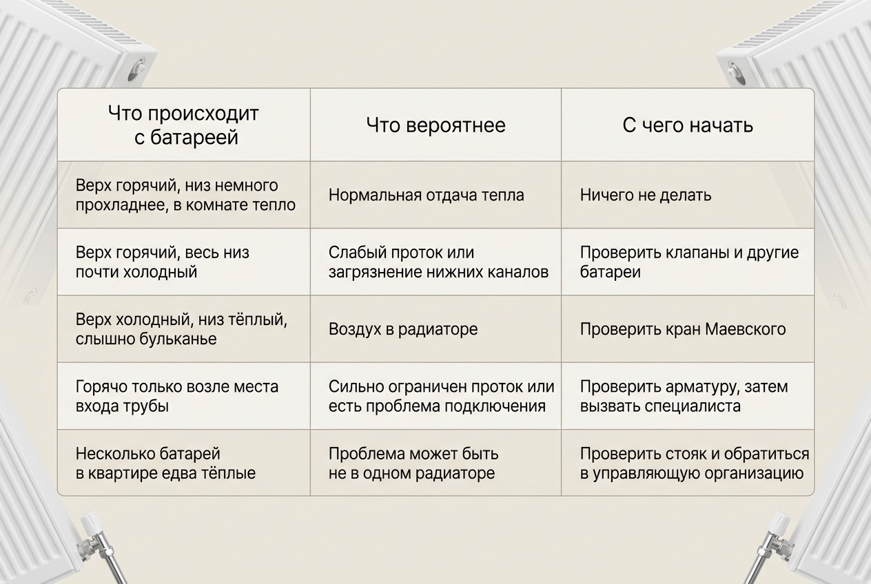 Симптомы неравномерного прогрева батареи и возможные причины