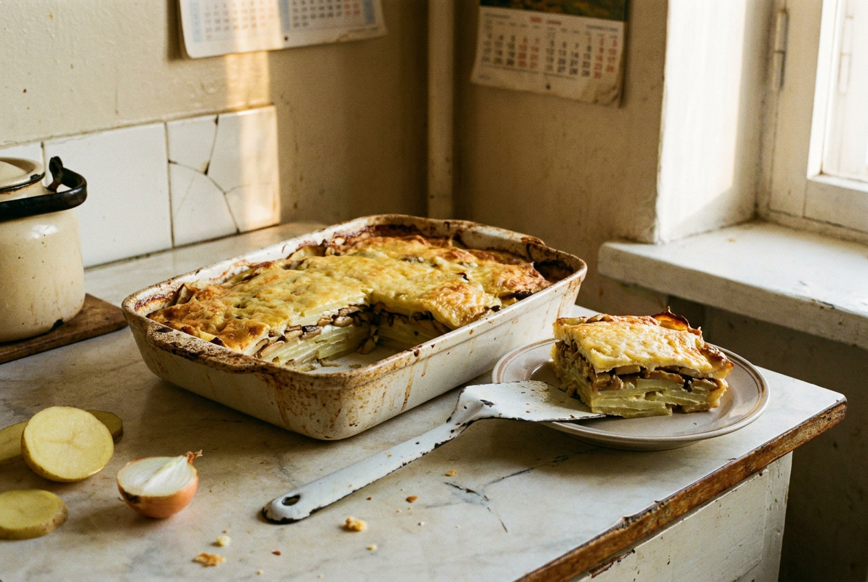 Слоёная картофельная запеканка с грибами и сырной корочкой