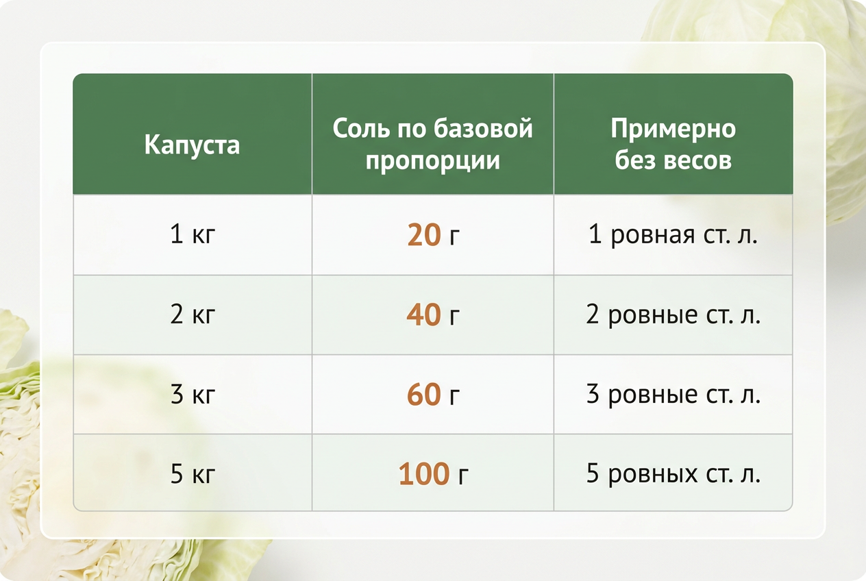 Пропорции соли для квашеной капусты от 1 до 5 килограммов