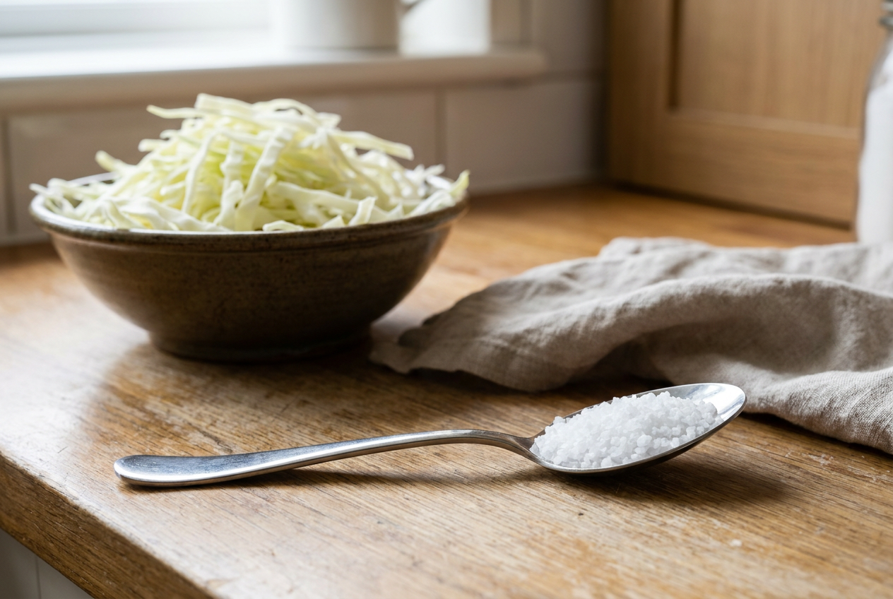 Ровная столовая ложка соли рядом с нашинкованной капустой