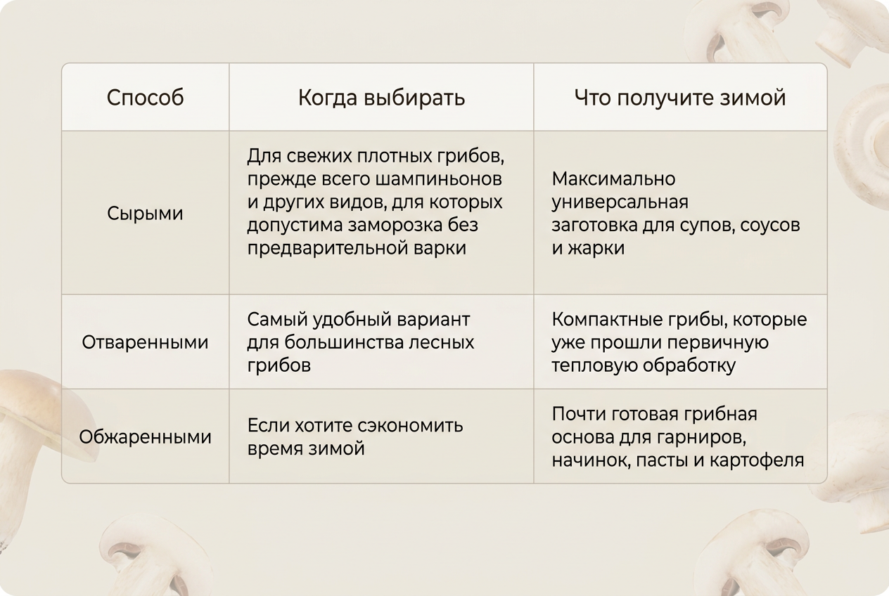 Сравнение способов заморозки грибов сырыми, отваренными и обжаренными