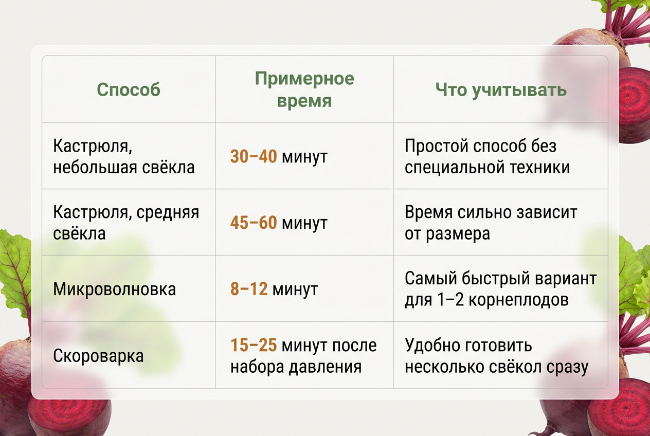 Сравнение времени приготовления свёклы разными способами